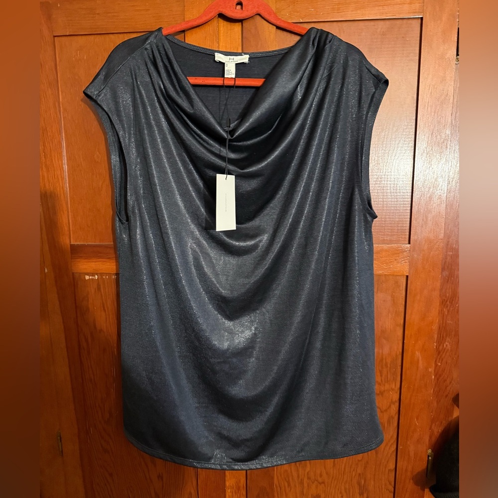 NWT Halston Charcoal Cowl Neck Tshirt Top XL Black Knit Lurex